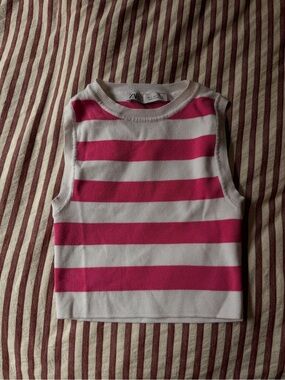 Zara Pink White Striped Knit Crop Top Sleeveless Ribbed Sweater Vest Size S